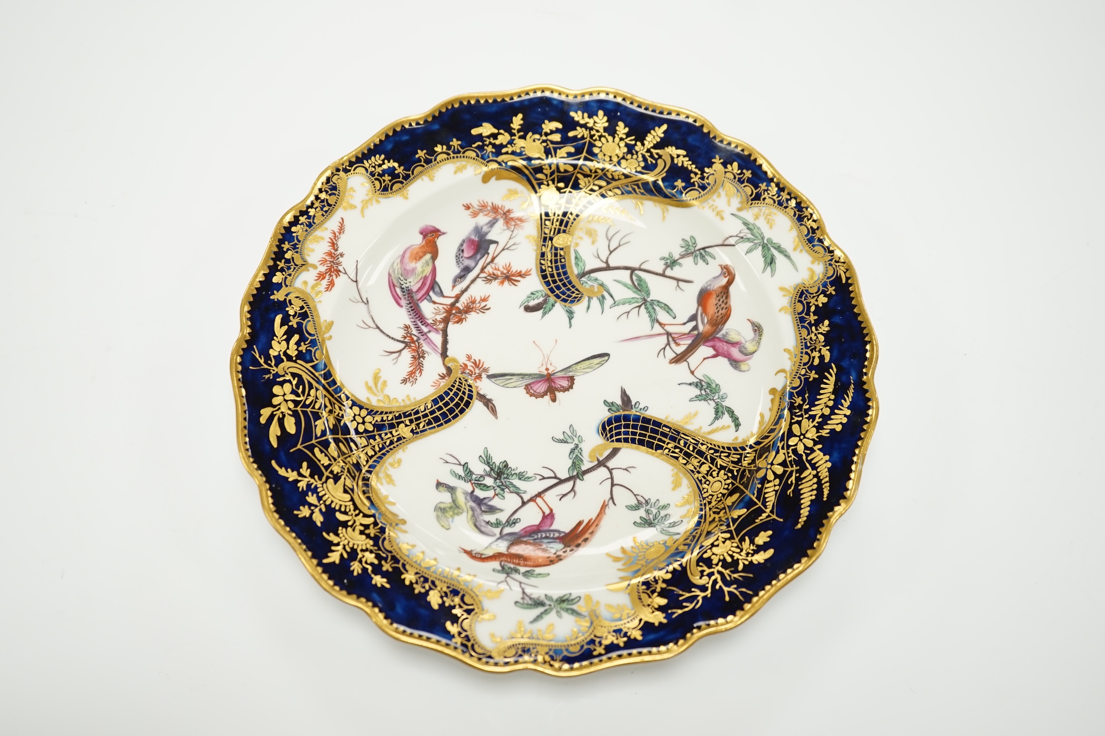 A Chelsea gold anchor ‘fantastic birds’ plate, c.1760-65, 21cm diameter, ex Godden collection